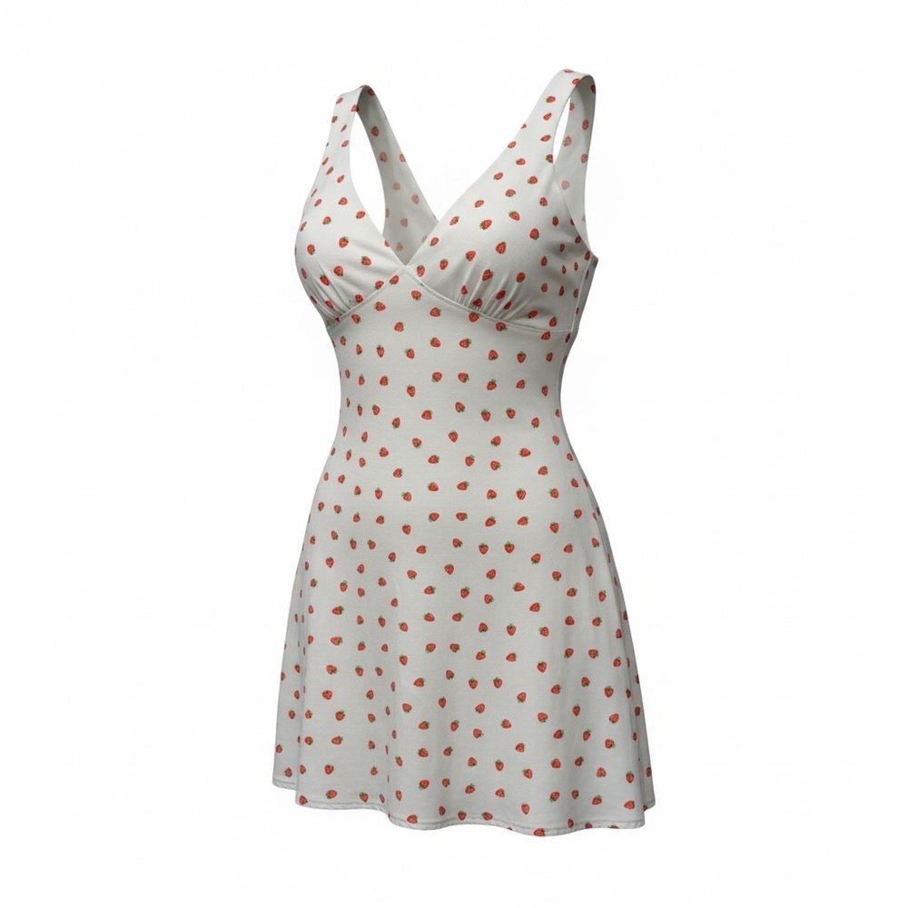 White Sleeveless V-Neck Sundress with Strawberry Print 🍓